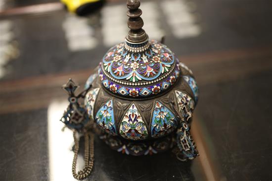 An early 20th century Russian for the Persian market silver and cloisonne enamel hanging mosque lamp, 6.25in.